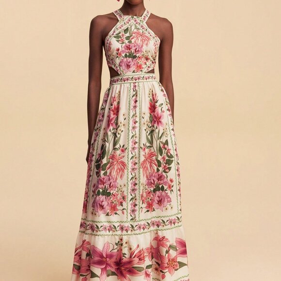 Boho Multicolor Women's Long Floral Halter Neck Garden Party Maxi Dress